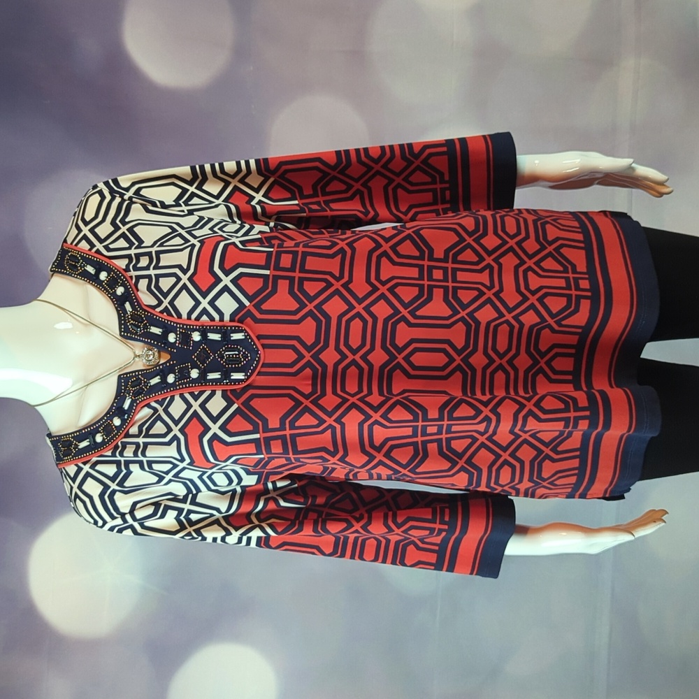 JM Collection sz PL Multicolored Beaded 3/4 Sleeve Geometric Print Tunic Top